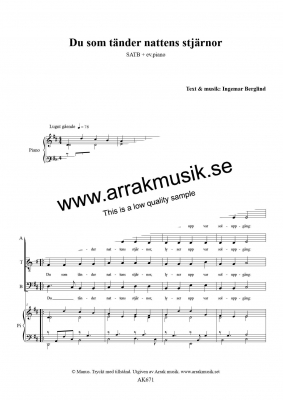Du som tänder nattens stjärnor i gruppen Kyrkoåret / Övriga / Tröst hos JaKe (Arrak) musik (AK671)